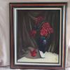 3120  "Red Roses with Cardinal Figurine" 16" x 20" oil on canvas $250.00 framed